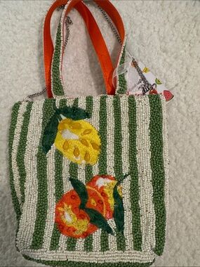 Beaded Citrus Stripe Tote Bag - Green/White with Orange Handles